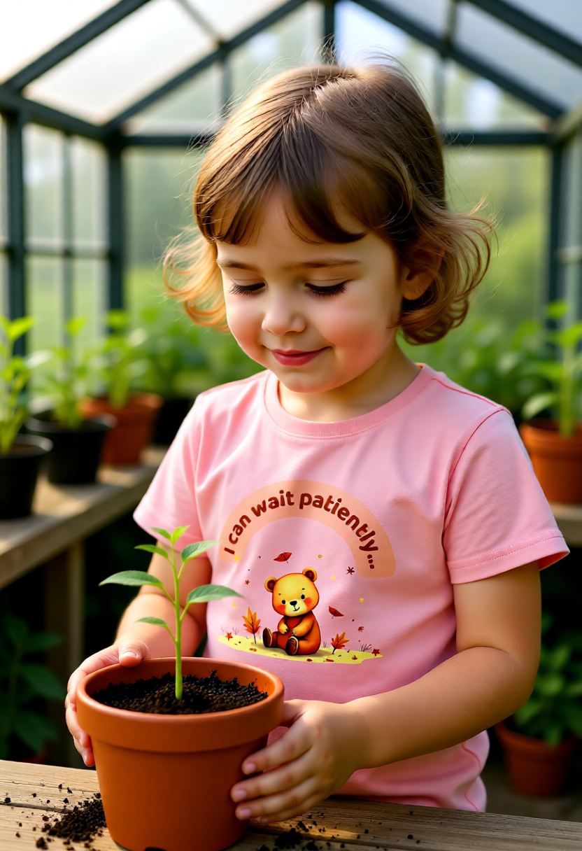 Child holding a potted plant in a greenhouse