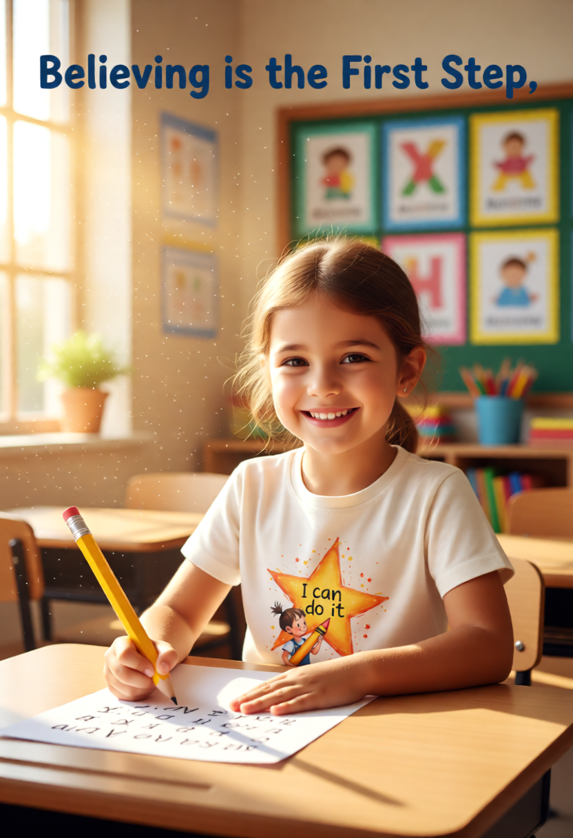 A girl smiles as she sits at a school desk writ5ing with a large pencie. She wears a T-shirt I Can Do It on a big ellow start