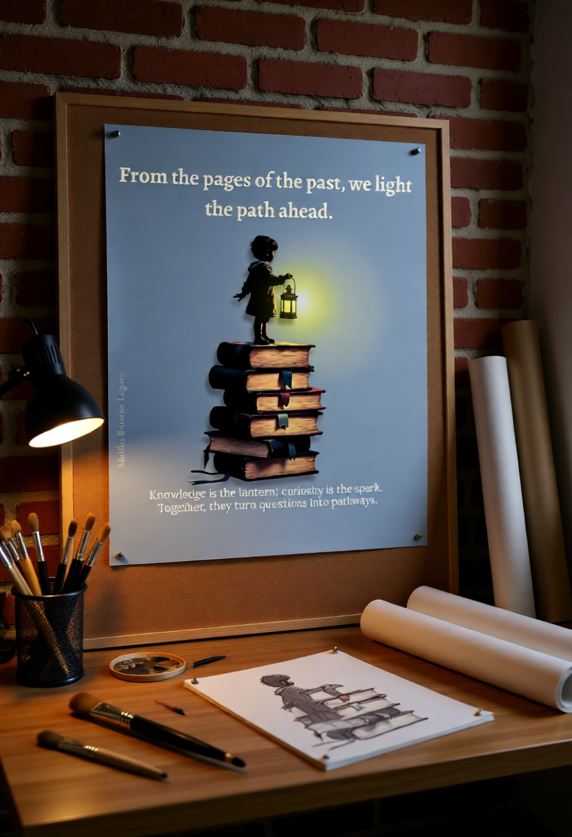 Framed motivational poster on a brick wall with books and stationery on a desk.