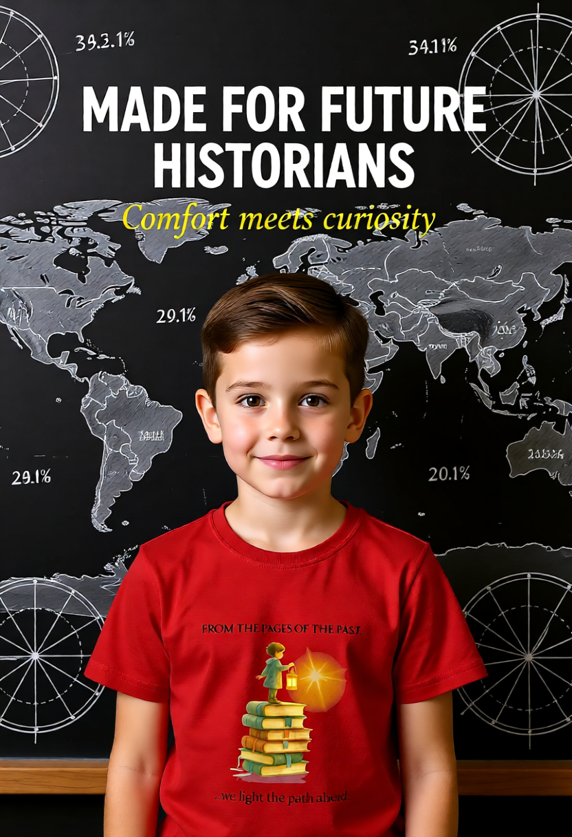 Child wearing a red shirt with a graphic design in front of a world map background