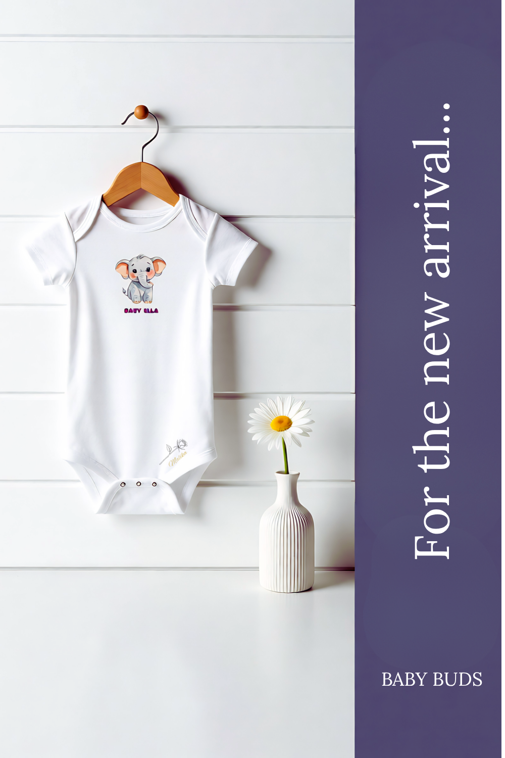 White baby onesie with a teddy bear design on a wooden hanger against a white wall with a purple sidebar.