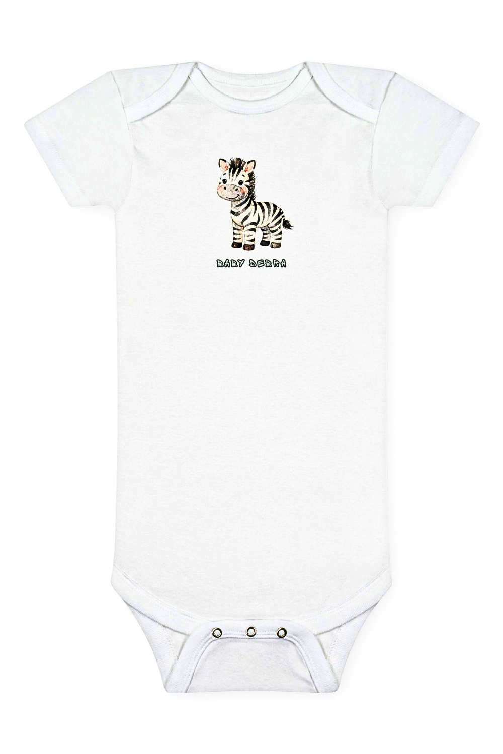 White baby onesie with a zebra design and text on a white background. AI