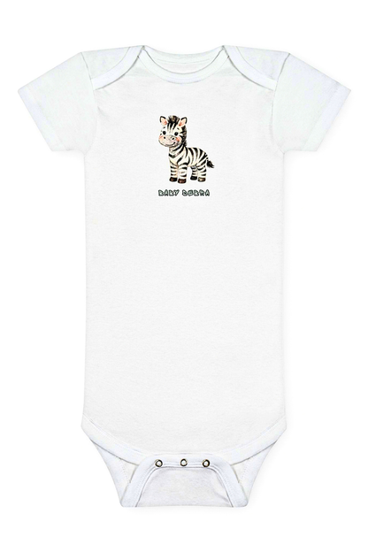 White baby onesie with a zebra design and text on a white background. AI