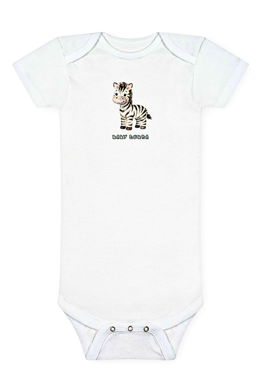 White baby onesie with a zebra design and text on a white background. AI