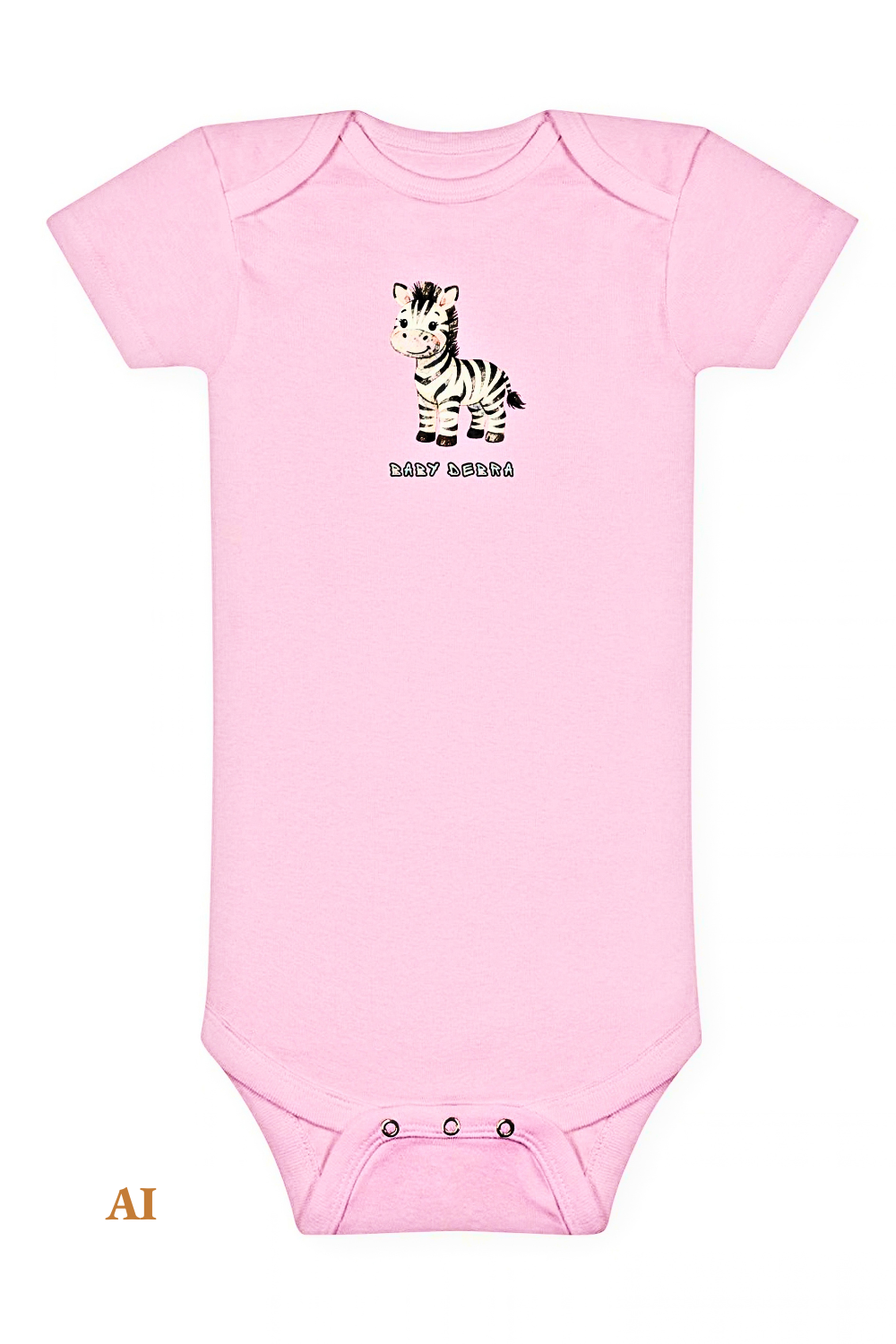 A light pink short-sleeve baby bodysuit with a small black and white zebra graphic and the text 'Baby Debra' printed on the chest, displayed flat against a white background.
