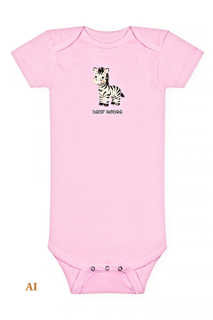 A light pink short-sleeve baby bodysuit with a small black and white zebra graphic and the text 'Baby Debra' printed on the chest, displayed flat against a white background.
