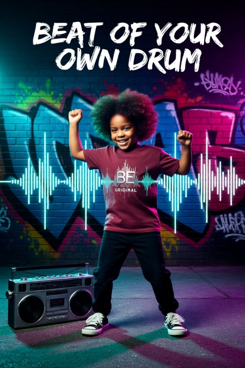 A child wearing large black headphones and a maroon “Be Original” graphic tee stands confidently against a concrete wall, with stylized black soundwave lines radiating behind them.