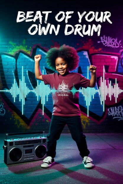 A child wearing large black headphones and a maroon “Be Original” graphic tee stands confidently against a concrete wall, with stylized black soundwave lines radiating behind them.