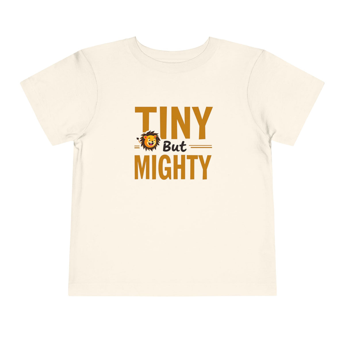 Beige t-shirt with 'Tiny But Mighty' text and lion graphic on a white background
