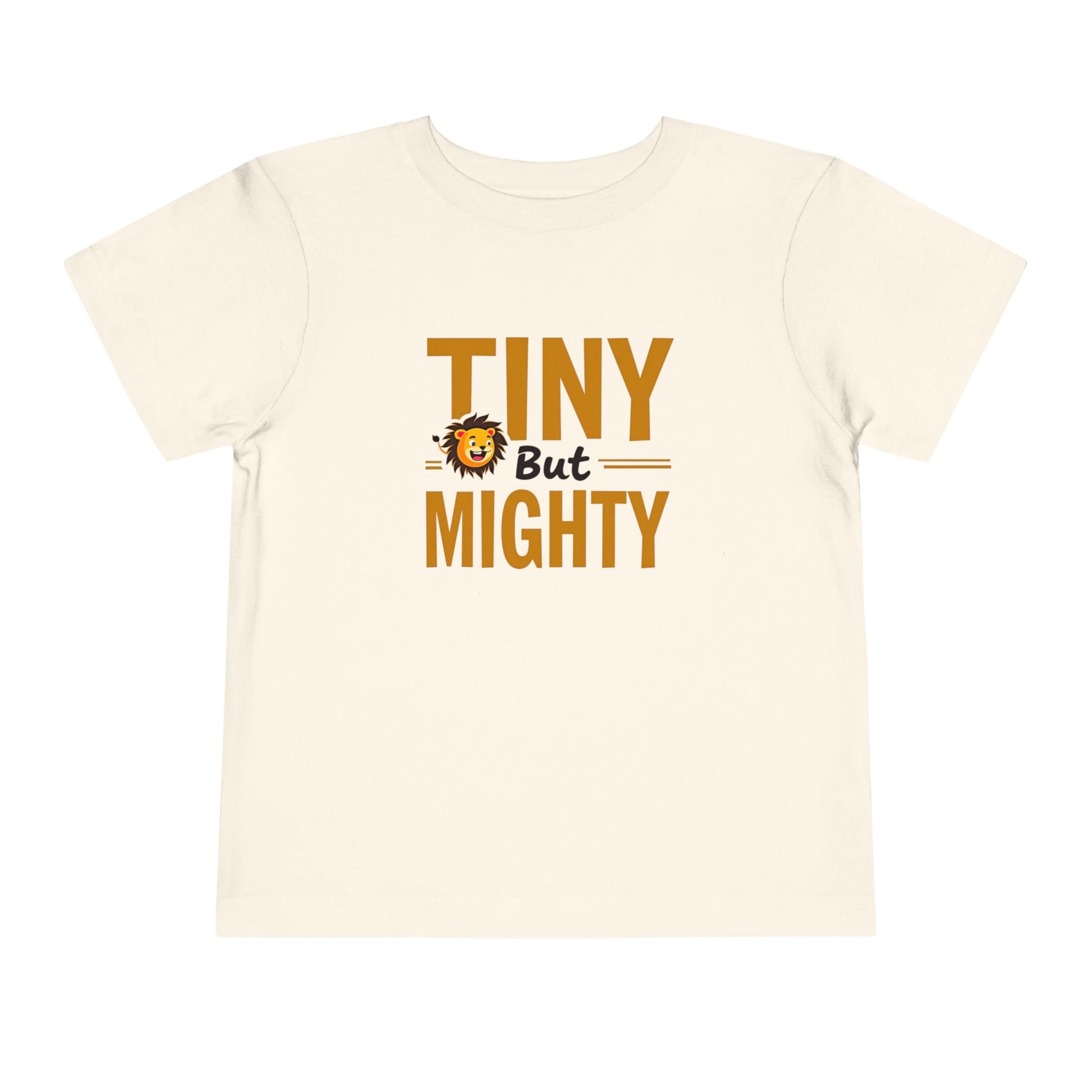 Beige t-shirt with 'Tiny But Mighty' text and lion graphic on a white background