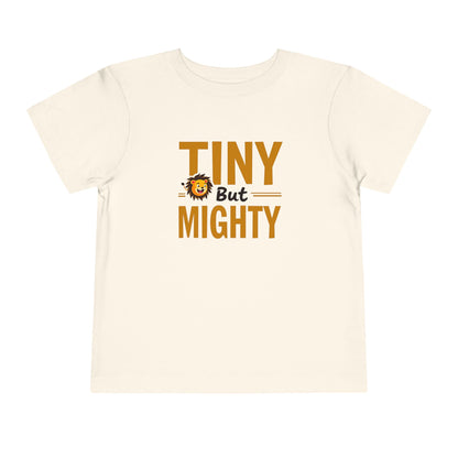 Beige t-shirt with 'Tiny But Mighty' text and lion graphic on a white background