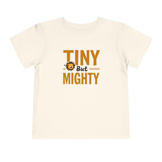Beige t-shirt with 'Tiny But Mighty' text and lion graphic on a white background