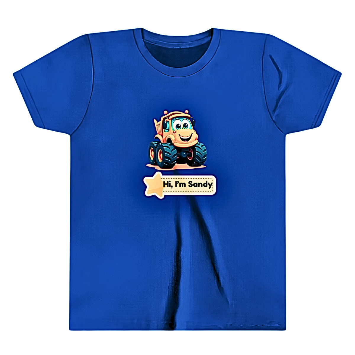 A royal blue short-sleeve kids' t-shirt featuring a cartoon graphic of a yellow construction vehicle with the text 'Hi, I'm Sandy' on a white star-shaped label.