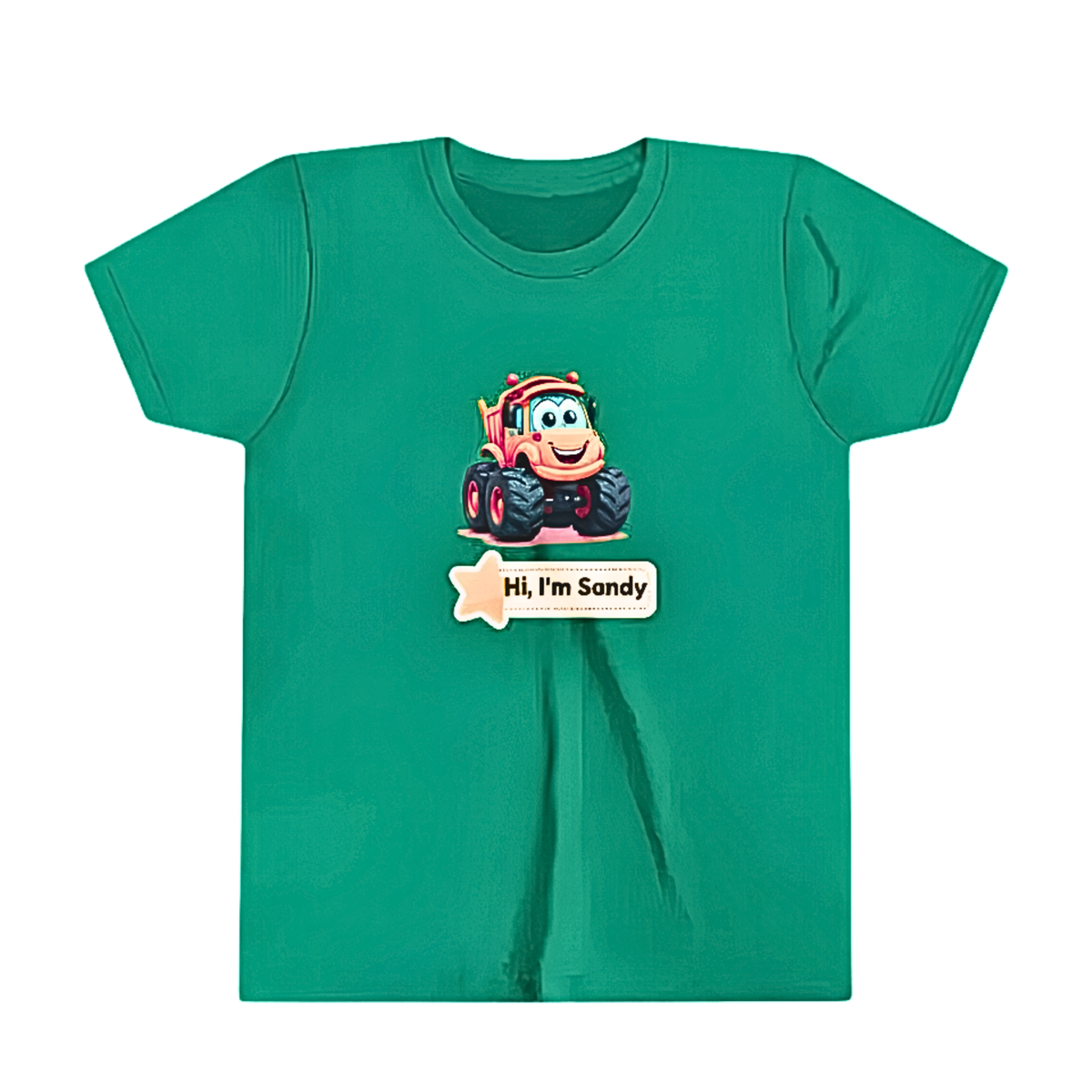 A green short-sleeve crewneck kids t-shirt featuring a cartoon graphic of an orange monster truck with the text 'Hi, I'm Sandy' and a small star on the front.