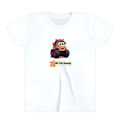 A white short-sleeve crewneck t-shirt featuring a cartoon graphic of an orange monster truck with the text 'Hi, I'm Sandy' and a small star on the front.