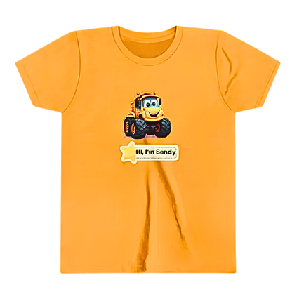 A mustard short-sleeve kids' T-shirt with a cartoon graphic of a yellow /orange construction vehicle/ dump truck and a star label that reads 'Hi, I'm Sandy'.