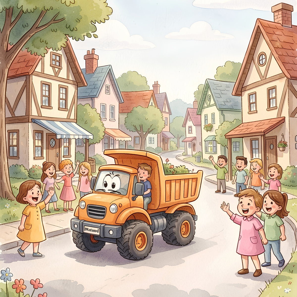 Buddie Truck, Sandy, drives through the quaint village houses hauling debris in the truck bed. The people wave.