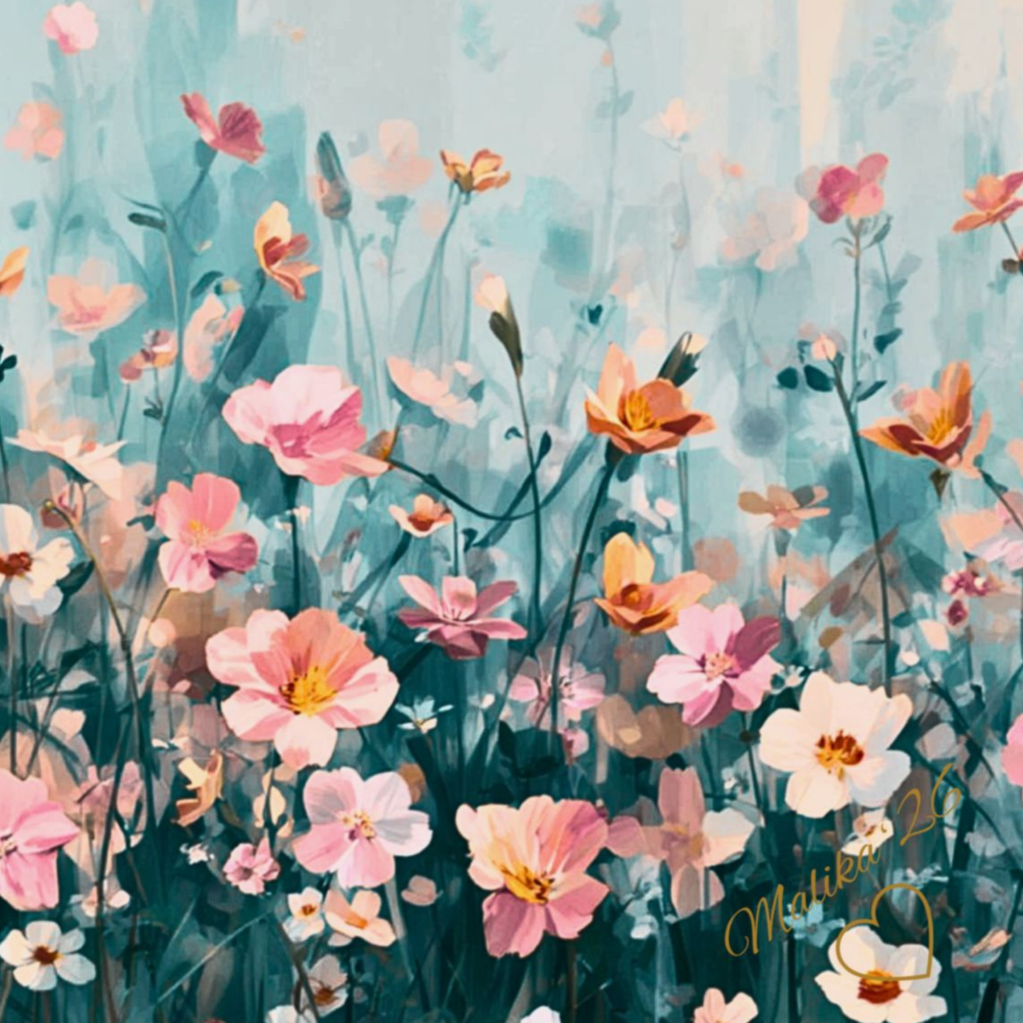 Colorful floral painting with pink, orange, and white flowers on a light blue background. Morning Meadow Wall Hanging: 1 of 4+ pieces of Morning Meadow Collection.