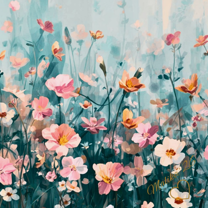 Colorful floral painting with pink, orange, and white flowers on a light blue background. Morning Meadow Wall Hanging: 1 of 4+ pieces of Morning Meadow Collection.