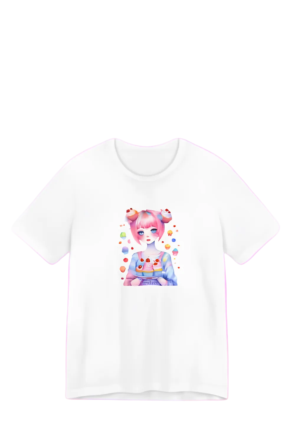 A white short-sleeve t-shirt with a colorful anime-style graphic of a character with pink hair, displayed against a pastel wavy background with the text 'IN GUMDROP LAND' in pink at the top.