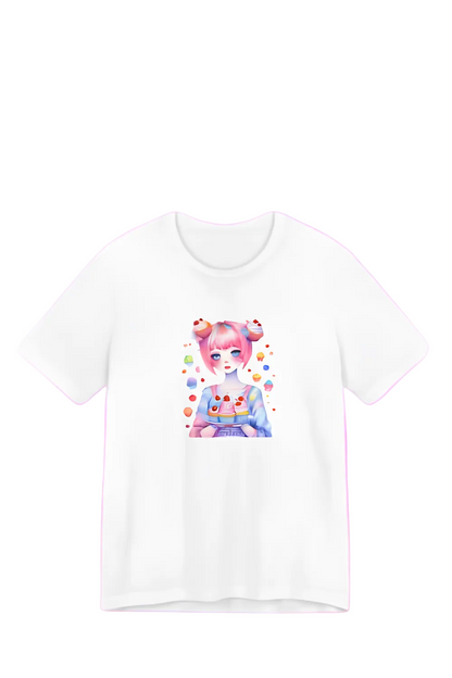 A white short-sleeve t-shirt with a colorful anime-style graphic of a character with pink hair, displayed against a pastel wavy background with the text 'IN GUMDROP LAND' in pink at the top.