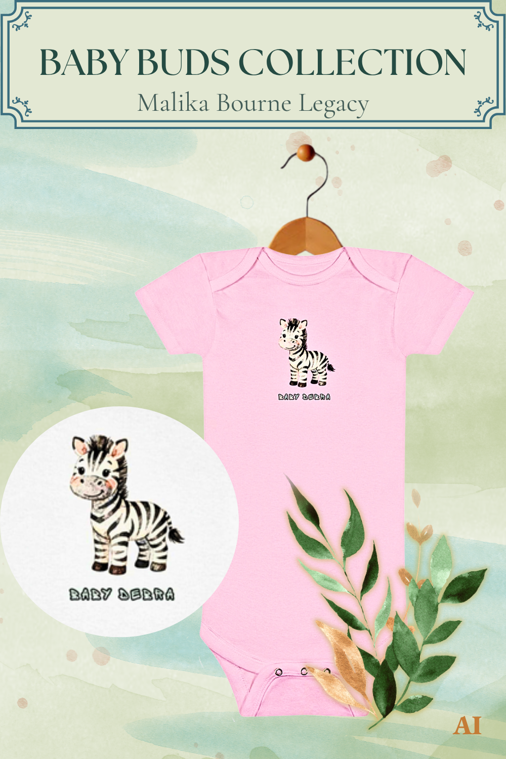 A white baby onesie featuring a cute zebra cub illustration labeled “Baby Debra,” displayed against a soft pastel background with decorative leaves.