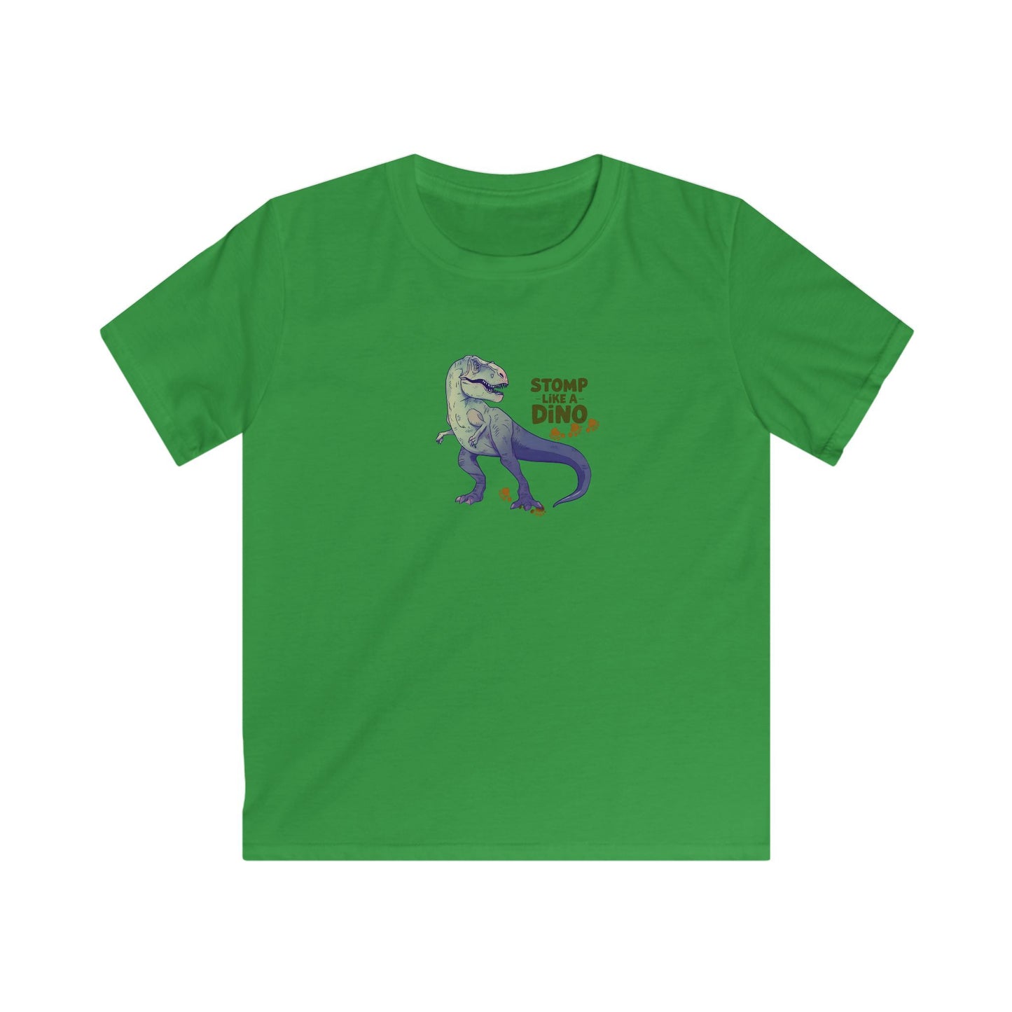 A green short-sleeve crewneck t-shirt featuring a cartoon graphic of a purple and gray T-Rex dinosaur with the text 'STOMP ALL DINO' in orange and yellow, displayed on a solid white background.
