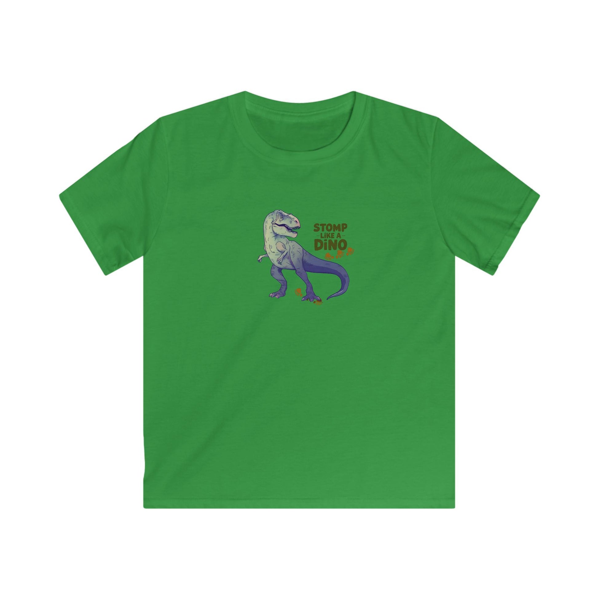 A green short-sleeve crewneck t-shirt featuring a cartoon graphic of a purple and gray T-Rex dinosaur with the text 'STOMP ALL DINO' in orange and yellow, displayed on a solid white background.
