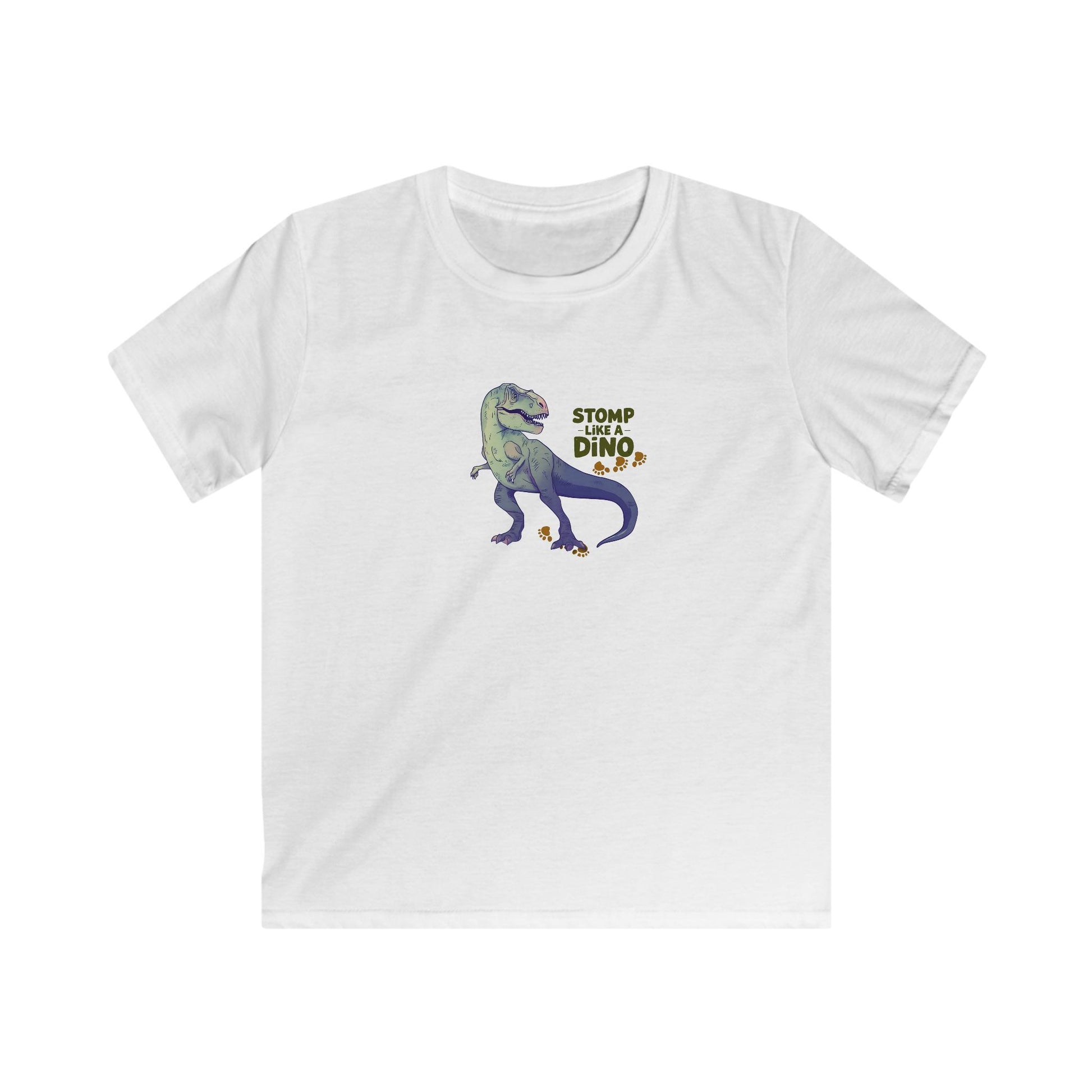 A white short-sleeve crewneck t-shirt featuring a cartoon graphic of a green and purple dinosaur with the text 'STOMP WITH DINO' on the chest, displayed against a solid white background.