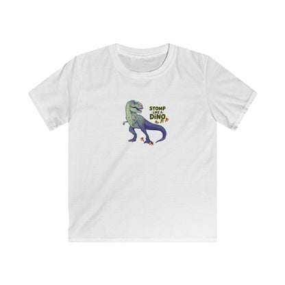 A white short-sleeve crewneck t-shirt featuring a cartoon graphic of a green and purple dinosaur with the text 'STOMP WITH DINO' on the chest, displayed against a solid white background.