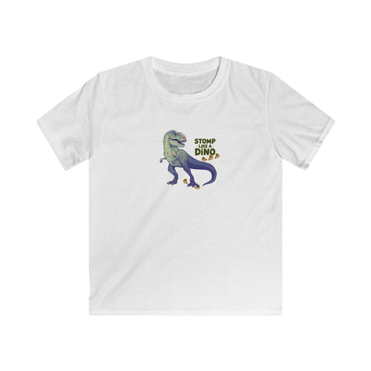 A white short-sleeve crewneck t-shirt featuring a cartoon graphic of a green and purple dinosaur with the text 'STOMP WITH DINO' on the chest, displayed against a solid white background.