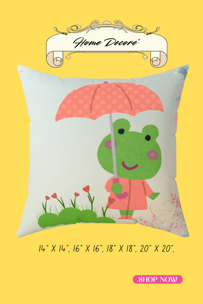 Decorative pillow with a frog holding an umbrella on a yellow background