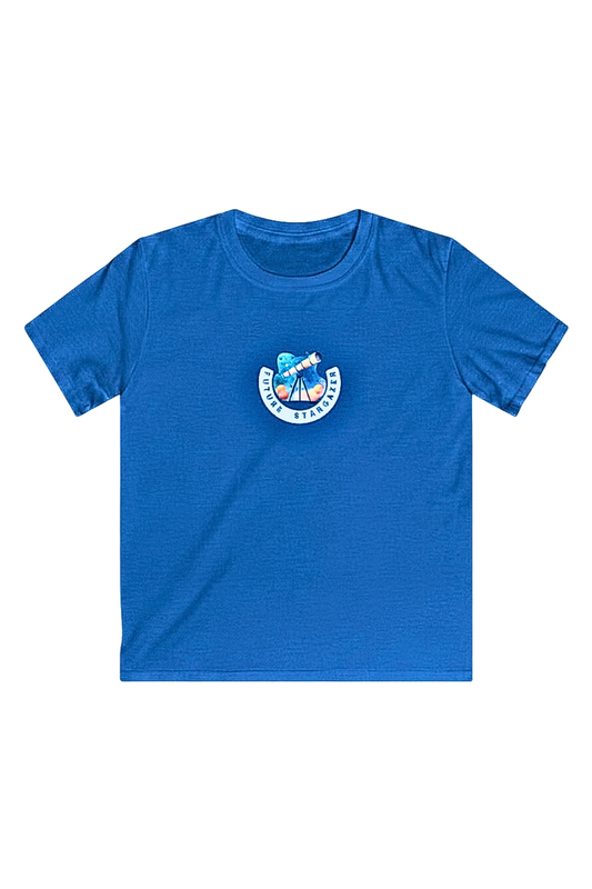 A heather blue short-sleeve crewneck t-shirt with a circular graphic on the center chest featuring a cartoon character and the text 'FUTURE STARGAZER'.
