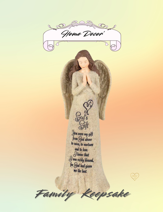 Decorative angel figurine with text on a gradient background, labeled 'Home Decor' and 'Family Keepsake'.