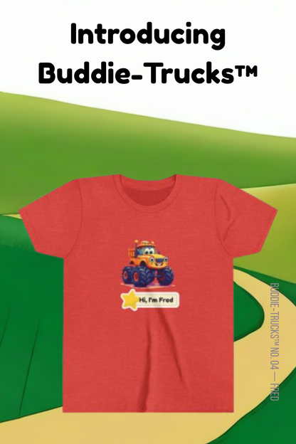 Poster says, "Introducing Buddie-Trucks". A red t-shirt with a cheerful yellow/orange truck with monster tires graphic on a red t-shirt. The background is a painted green hill and a yellow road.