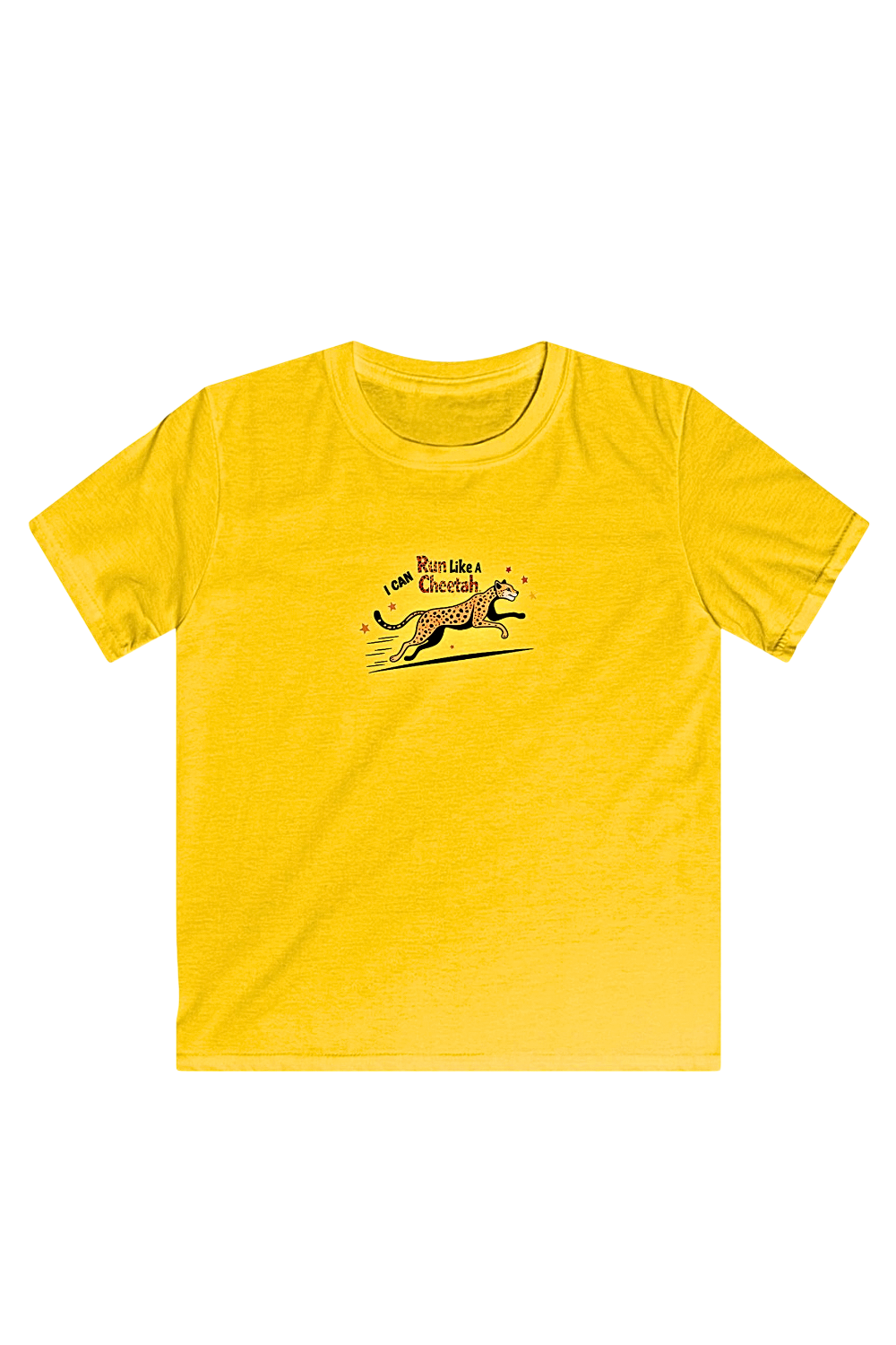 Youth T‑shirt with a playful running cheetah graphic and the phrase ‘I Can Run Like a Cheetah,’ designed for movement confidence and early learning.” GOLD