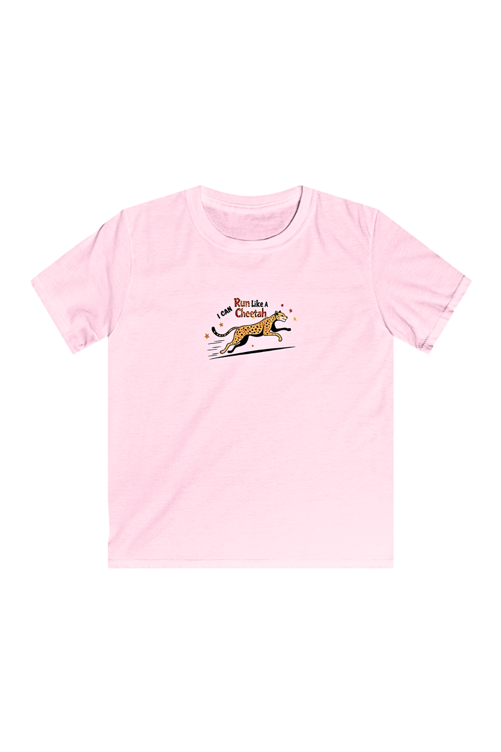 Youth T‑shirt with a playful running cheetah graphic and the phrase ‘I Can Run Like a Cheetah,’ designed for movement confidence and early learning.” PINK
