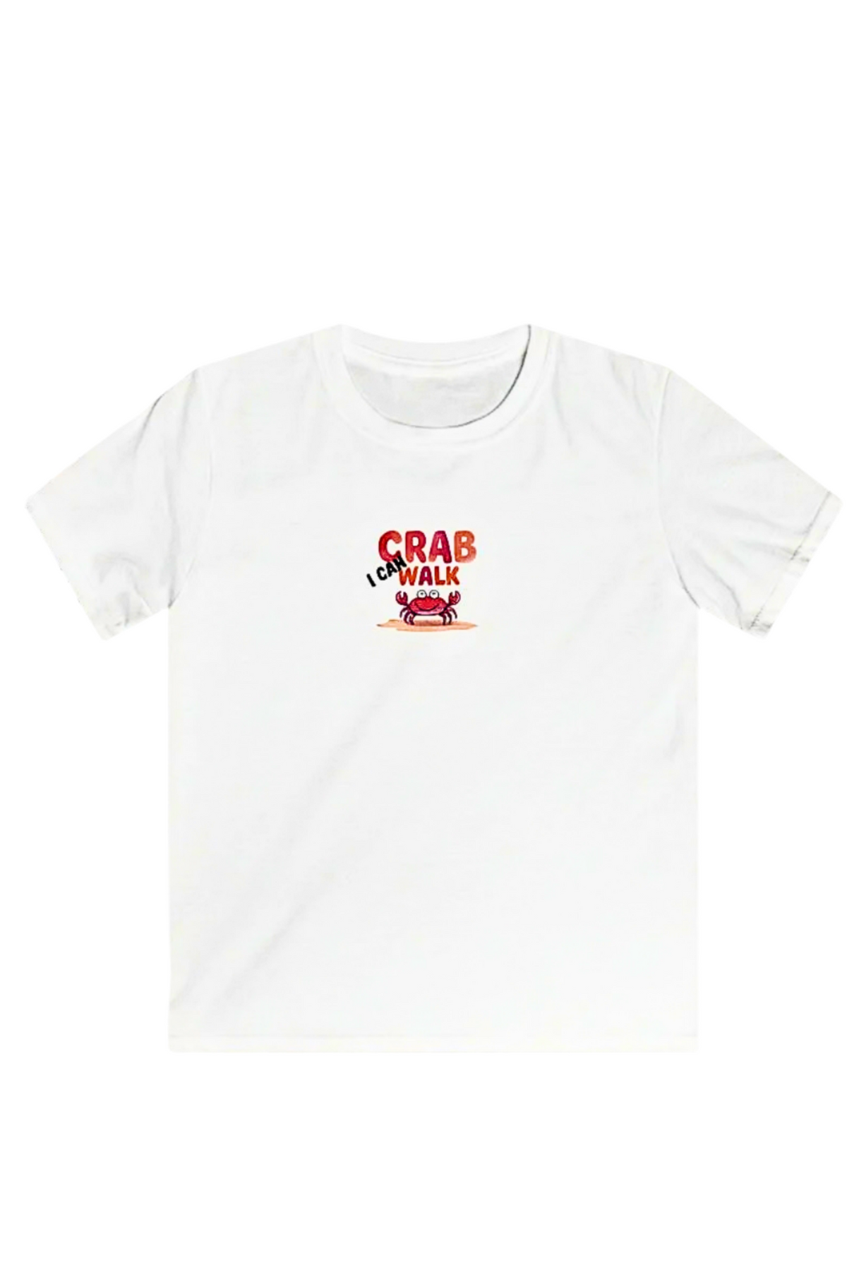 A white short-sleeve crewneck t-shirt featuring a red and black graphic on the chest that reads 'I WALK LIKE A CRAB' with a small crab illustration.