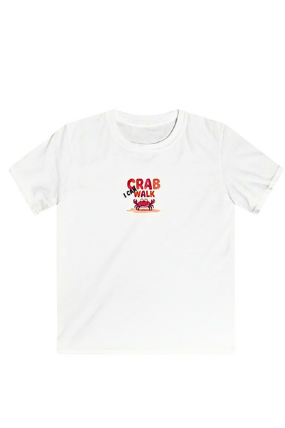A white short-sleeve crewneck t-shirt featuring a red and black graphic on the chest that reads 'I WALK LIKE A CRAB' with a small crab illustration.