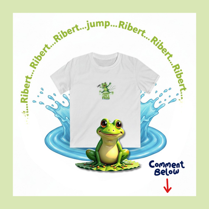 A white short-sleeve t-shirt with a green cartoon frog graphic on the chest, displayed on a white background with a light green border. The shirt is surrounded by blue water splash graphics, green text repeating 'Ribert.
