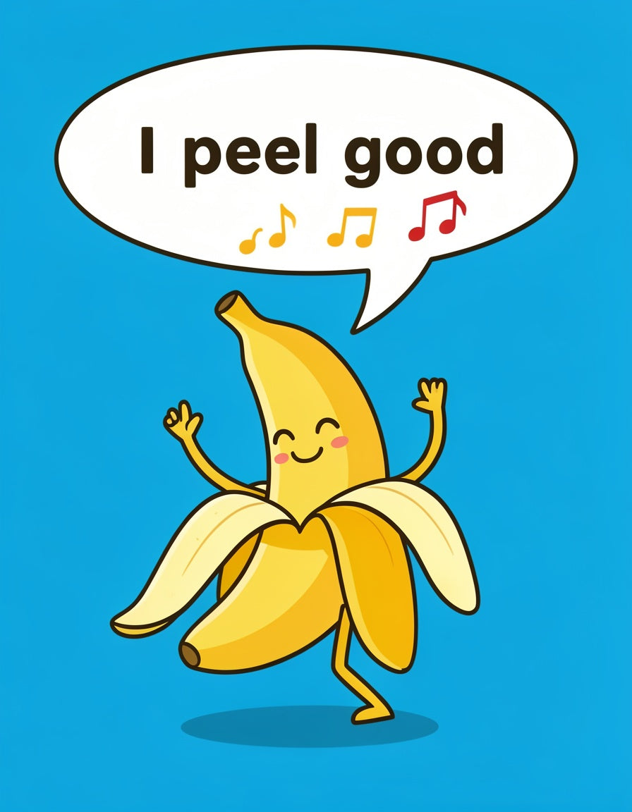 A cartoon banana character with a speech bubble that says 'I peel good' and small musical notes, shown on a bright blue background.