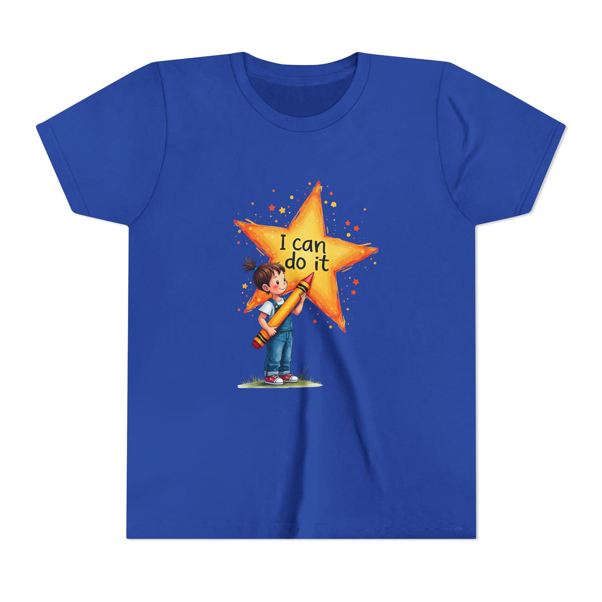 Blue t-shirt with a cartoon character holding a star and 'I can do it' text on a white background