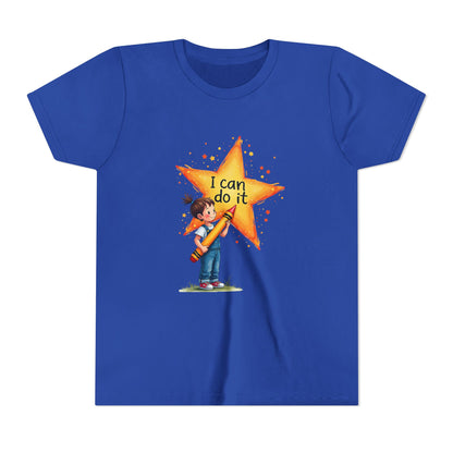 Blue t-shirt with a cartoon character holding a star and 'I can do it' text on a white background