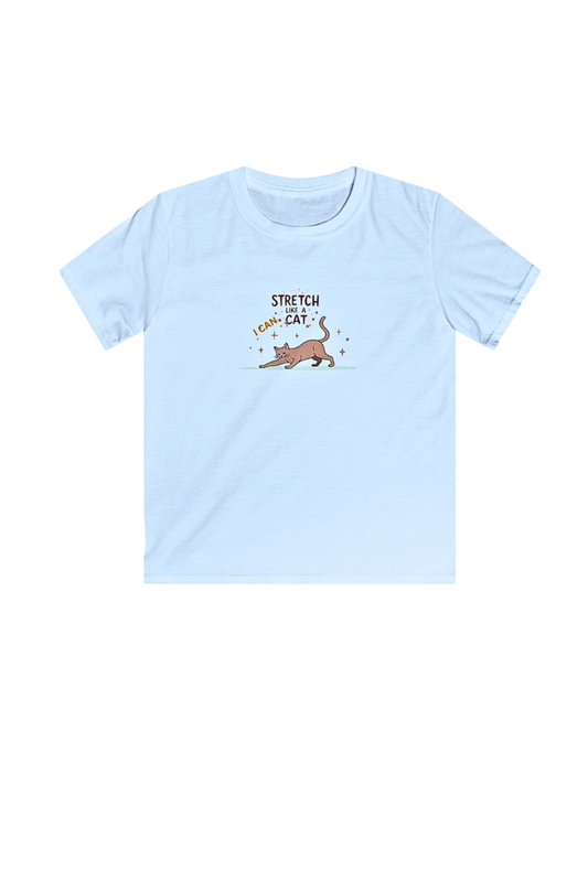 Light blue T-shirt with graphic a cat stretching. Text says, "I can stretch like a cat."