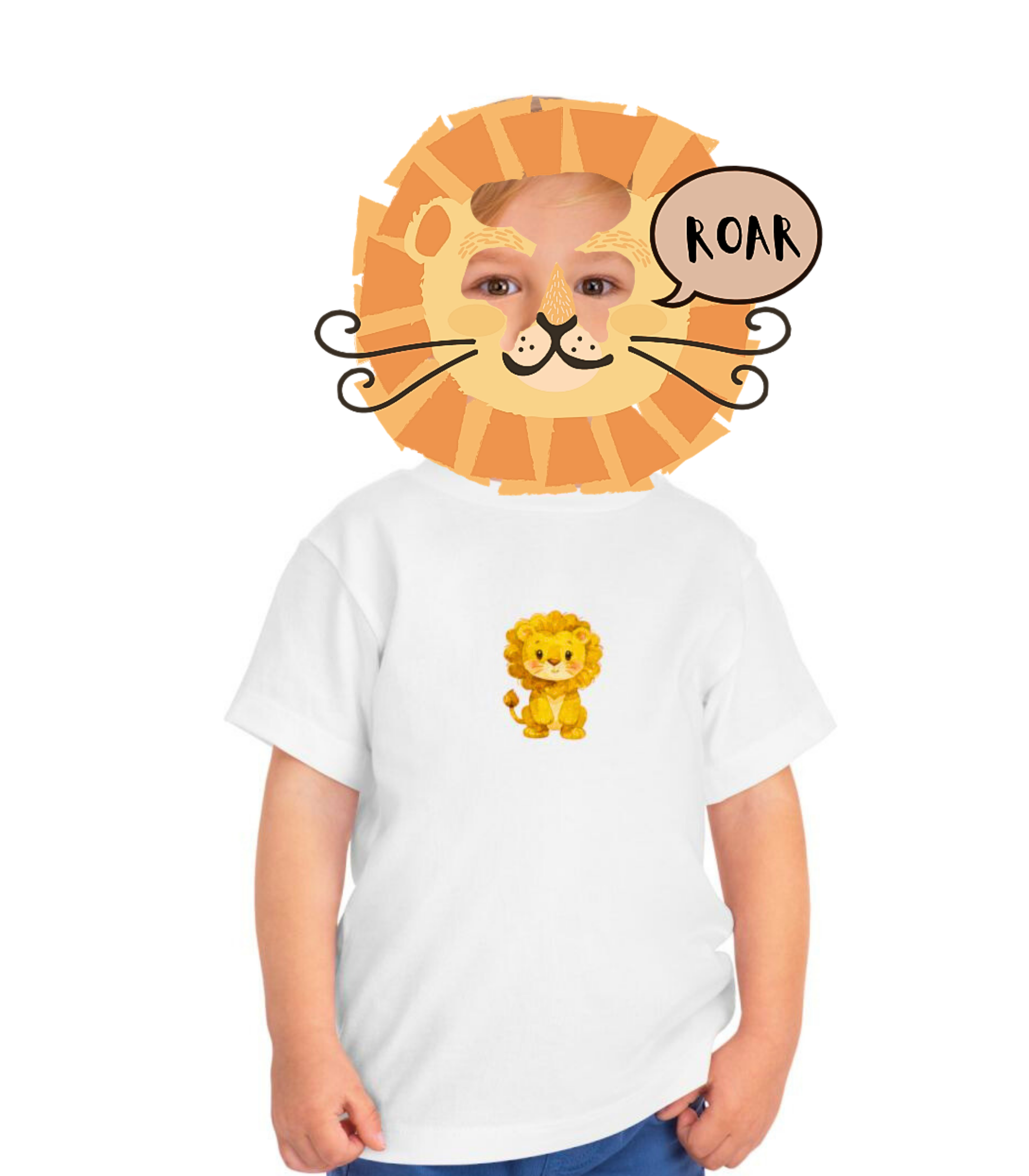 Toddler t‑shirt mockup featuring a watercolor lion design and a playful illustrated lion mask added for display.
