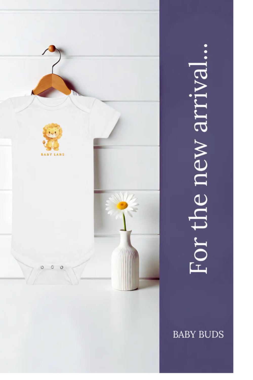 White baby onesie with a lion design on a wooden hanger against a white wooden panel background, with text 'For the new arrival' and 'Baby Buds' on a purple banner.
