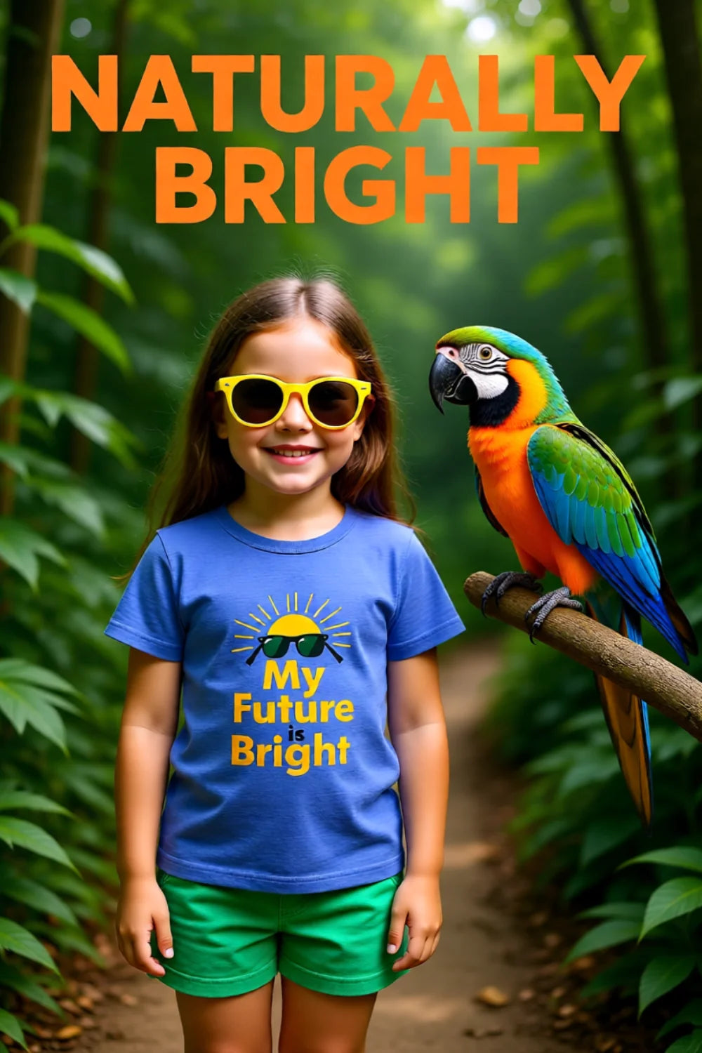 Naturally Bright. Girl wears a blue T-shirt with test My Furture is Bright. Background is lush green jungle. A colorful parrot by her side.
