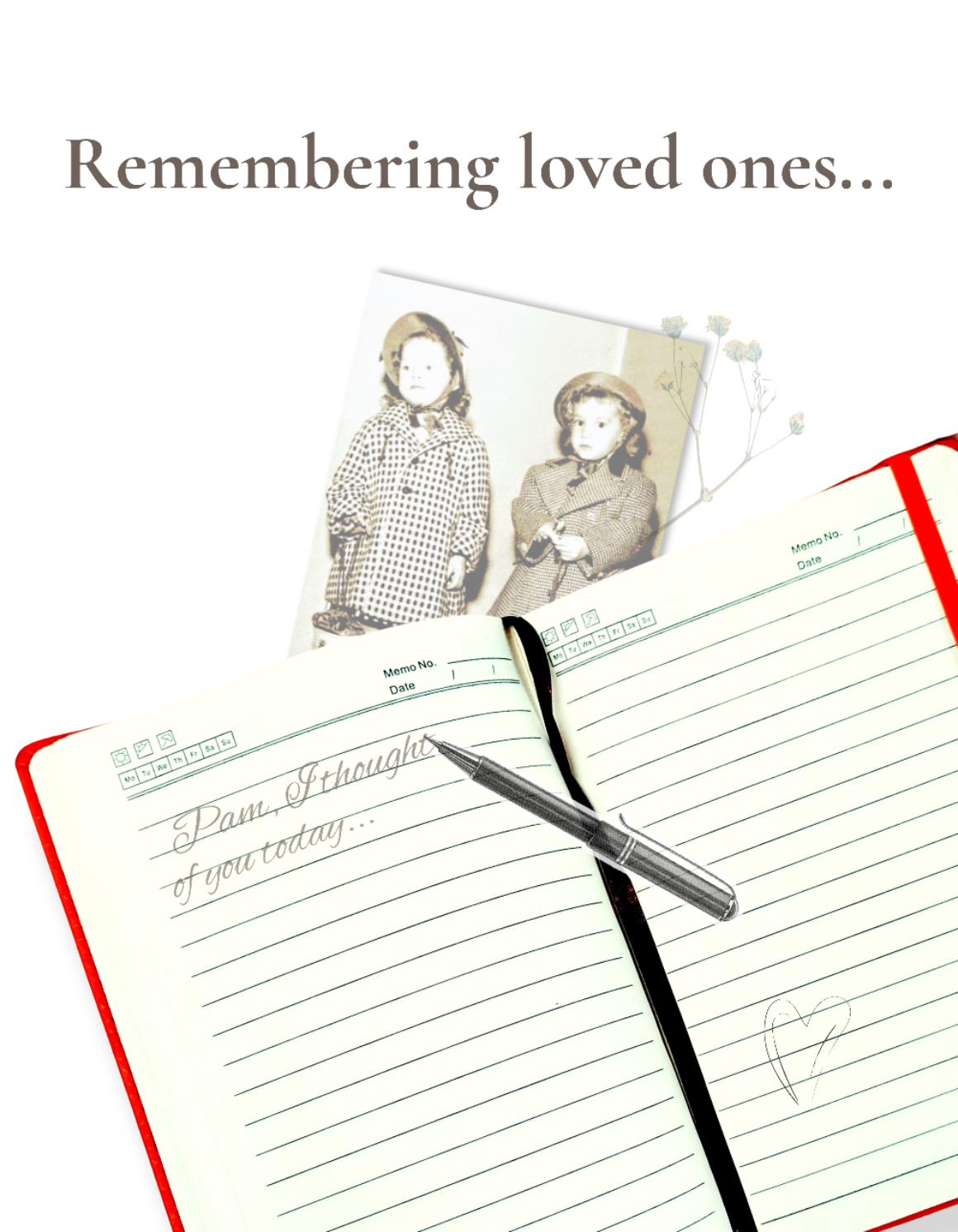 A memorial-themed stationery arrangement on a white background with the text 'Remembering loved ones.