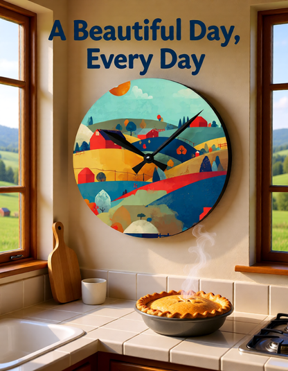 Colorful wall clock with a scenic design in a kitchen setting, featuring a pie on the counter.