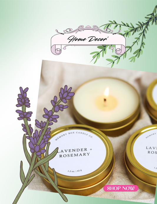 Set of lavender and rosemary-scented candles with a 'Home Decor' banner and lavender illustration.